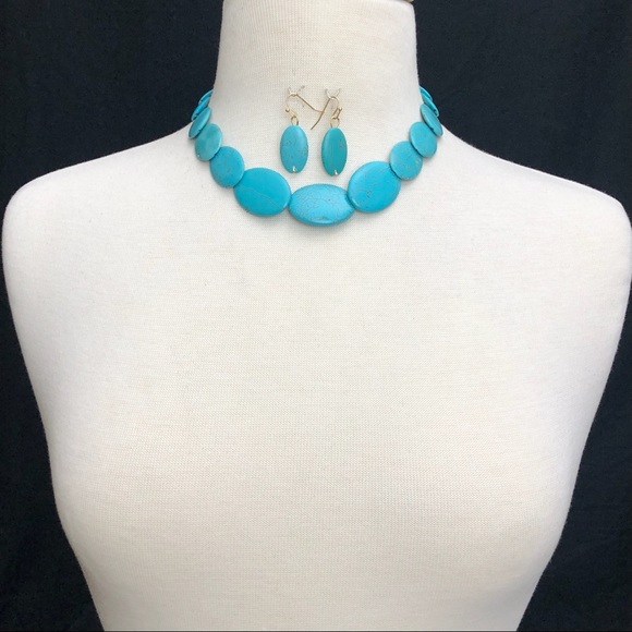 Turquoise Stone Oval Disks Necklace Earrings Set - Picture 2 of 3